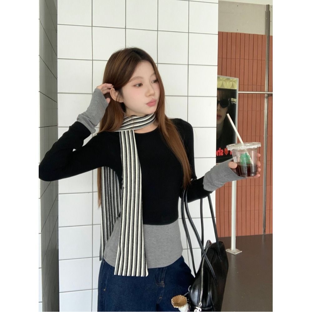 BY33681# 人棉围脖假两件撞色长袖恤女秋季内搭打底衫修身上衣  服裝批發女裝批發服飾貨源