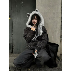 批发猫耳条纹毛领棉服男秋<b class='q'>冬</b>中性风miu系穿搭座山雕外套加绒保暖棉衣