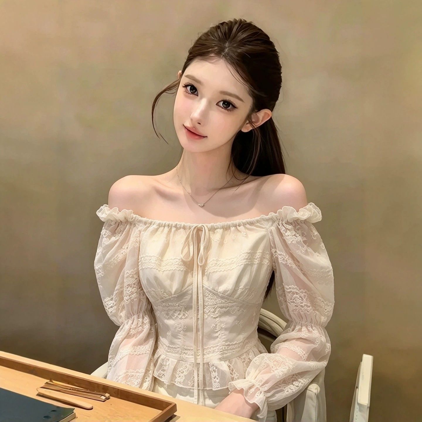温柔风一字肩系带蕾丝灯笼袖衬衫独特漂亮气质绝美上衣秋季款 服裝批發女裝批發服飾貨源
