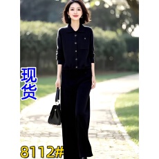 批发素订女装原创<b class='q'>品牌</b>旗舰店气质翻领针织衫+高腰直筒休闲裤套装秋季