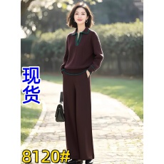 批发素订女装原创<b class='q'>品牌</b>旗舰店气质棕色V领撞色针织衫+高腰直筒裤套装秋