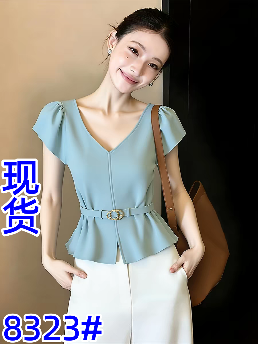 고급 센스 작은 맨위 품격 패션 빛 요리 한 프랑스식 작은 대중 파란색 V넥 쉬폰 셔츠 여름