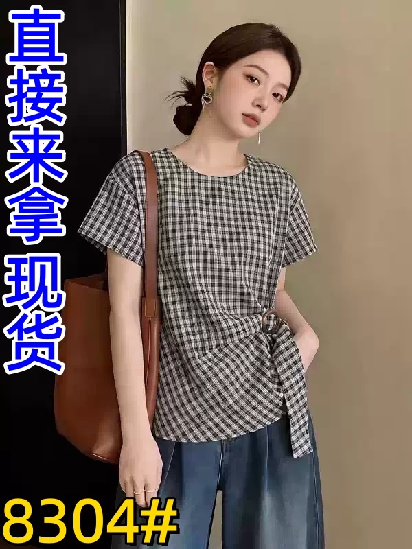 레트로 고급 센스 체크무늬 허리 수축 반팔 여성 셔츠 여름 새로운 라운드 넥 얇고 가벼운 연령 감소 다용도 풀오버 맨위