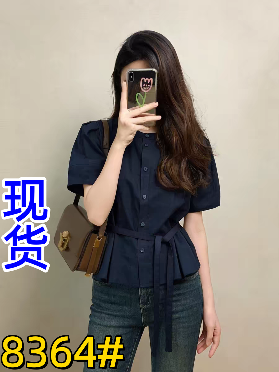 해군 레이스업 허리 수축 반팔 셔츠 여자 여름 드레스 2026 년 새로운 프랑스식 사소한 Chic 아름다운 맨위