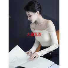 批发秋冬白色网纱拼接一字肩打底衫女内搭设计感<b class='q'>修身</b>露肩短款吊带上衣