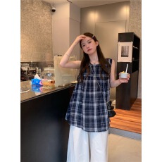 批发优质日系甜美设计感小众格子衬衫女2025夏季新款宽松无袖上衣