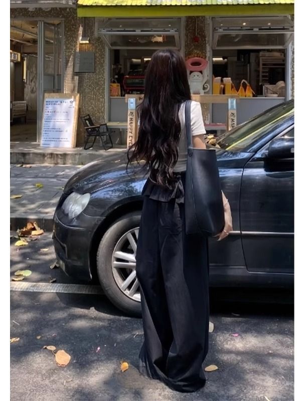 발레 바지 레이스 패치워크 얇은 스타일 캐주얼 바지 다용도 슬림해 보이는 디자인 센스 검정색 와이드 레그 팬츠 긴 바지