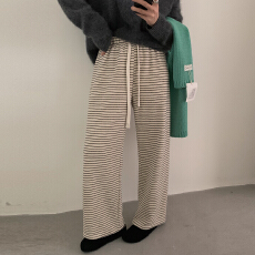 批发韩版复古条纹加绒加厚<b class='q'>婴儿</b>绒遛弯<b class='q'>裤</b>休闲直筒<b class='q'>裤</b>