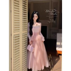 批发少女感温柔拼接<b class='q'>网纱</b>仙女风显瘦长袖连衣裙加厚