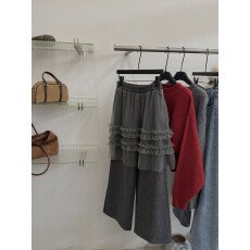 批发冬季新款蕾丝<b class='q'>网纱</b>拼接高腰显瘦百搭休闲裤宽松阔腿长裤