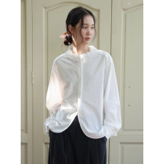 批发天然竹纤维法式复古木耳边圆领长袖<b class='q'>衬衫</b>女浪漫氛围叠穿上衣