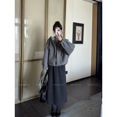 批发恩眷原路加lujia_醋酸羊毛半身裙女秋冬高腰直筒毛呢深灰色长裙