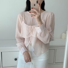 批发韩东大门法式长袖雪纺<b class='q'>衬衫</b>搭配花瓣边开叉小心机吊带背心两<b class='q'>件</b>