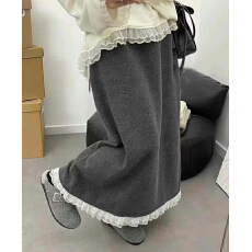 批发韩系2026新款花边毛呢半身裙开叉直筒半身裙高腰中长款a字裙