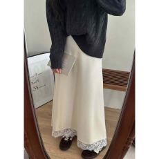 批发十三行法式高腰显瘦半身裙2026年蕾丝拼接中长款A字裙