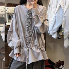 批发韩系小众穿搭春季木耳边拼接抽绳长袖衬衫叠穿显瘦休闲慵懒风上衣