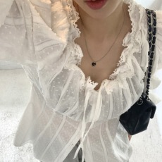 批发波点抽绳系带花边领设计感喇叭袖衬衫