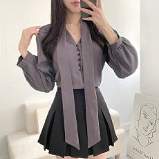 批发chic 韩系法式优雅温柔气质珍珠扣V领系带泡泡袖百搭衬衫上衣