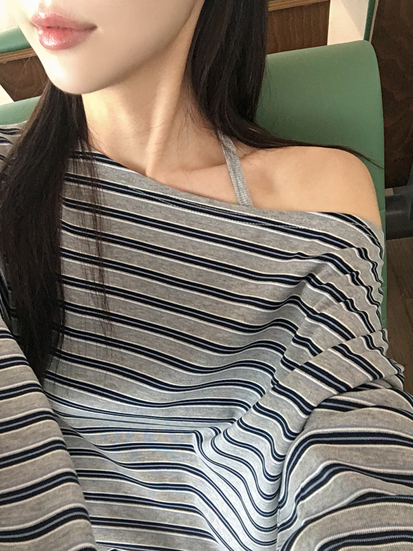 한 부서 작은 심장 기계 섹시함 순면 스트라이프 비스듬한 어깨 긴 소매 티셔츠