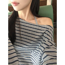 批发韩系 小心机性感纯棉条纹斜肩长袖T