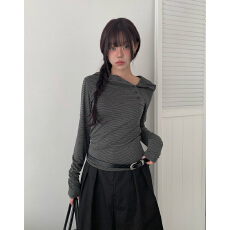 批发韩系 早春百搭复古简约设计感斜扣修身显瘦连帽T恤上衣