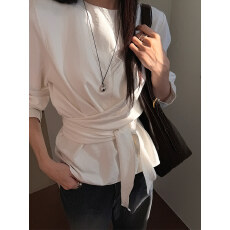 批发早春气质显瘦显系带百搭衬衫上衣