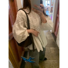 批发韩系 春季新品 花边拼接泡泡袖系扣长袖衬衫