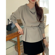 批发韩版 早春 简约荡领收腰衬衫系带设计感长袖气质上衣