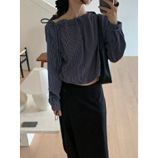 批发韩系 设计感百搭抽绳一字肩格纹衬衫