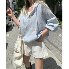 批发韩版 条纹休闲慵懒风连帽抽绳半开领薄款防嗮衣上衣 女