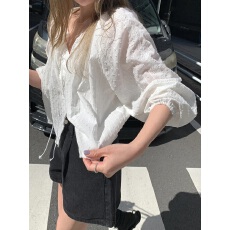 批发韩版 小清新系带花边拼接圆领泡泡袖娃娃开衫衬衫 女