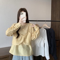 批发实拍大码春季法式长袖雪纺衬衫女花瓣边开叉小心机吊带<b class='q'>背心</b>两件套