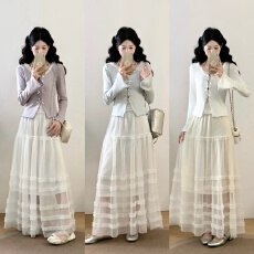 批发实拍纯欲蕾丝花边方领长袖t恤女秋辣妹修身显瘦绝美上衣加半身裙