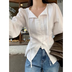 批发韩国chic韩版系带刺绣暗纹飘带排扣无领长袖衬衫百搭衬衣女