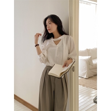 批发chic 韩系法式温柔早春简约小众肌理纹飘带长袖百搭衬衫上衣