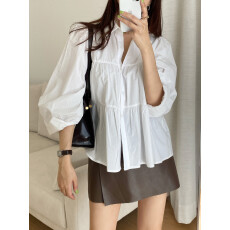 批发<b class='q'>韩国</b>chic宽松褶皱感拼接泡泡袖衬衣上衣女
