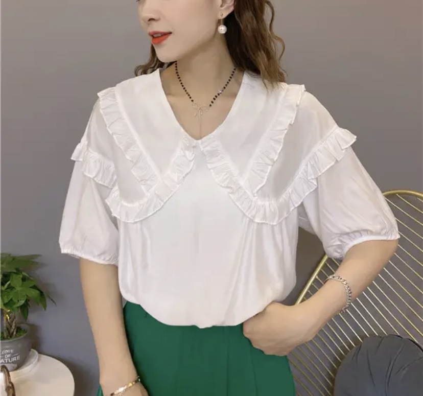 높은 품질 한국 스타일 베이비 칼라 슈퍼 요정 슬림해 보이는 여성 셔츠 디자인 센스 프릴 연령 감소 품격 맨위 작은 셔츠