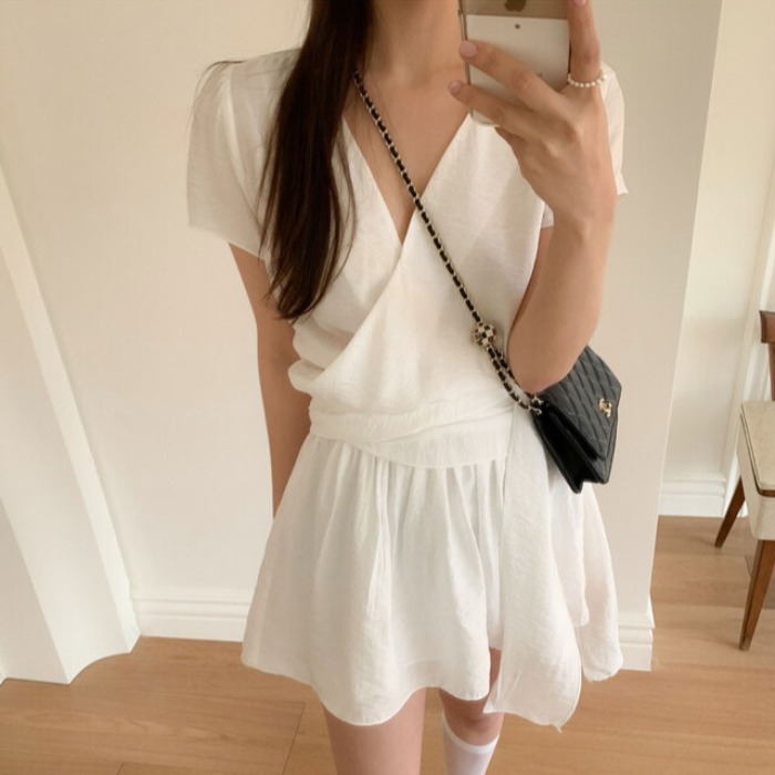 chic 한 부서 여름 프랑스식 십자가 V넥 품격 달콤함 스트랩 허리 수축 슬림해 보이는 쉬폰 드레스