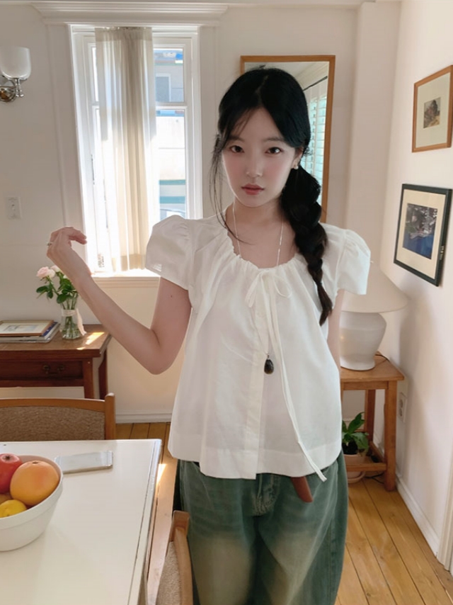 chic 한 부서 여름 부드러운 달콤함 작은 대중 미니멀리즘 레이스업 싱글 줄 버튼 거품 소매 셔츠 맨위