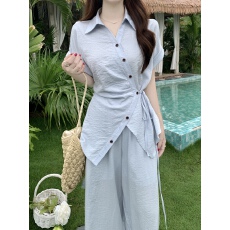 批发实拍大码短袖衬衫阔腿<b class='q'>裤</b><b class='q'>两件套</b>女2026夏季时尚收腰<b class='q'>气质</b>优雅套<b class='q'>装</b>