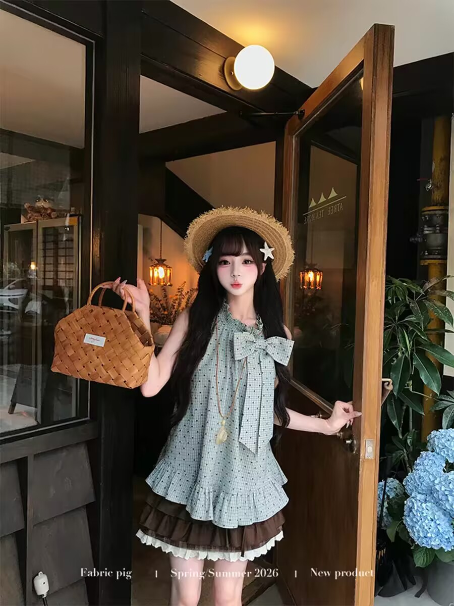 박하 코코아 한 부서 민소매 체크무늬 조끼 맨위 여성 여름 달콤함 작은 키 나비 매듭 티셔츠