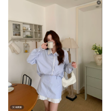 批发Even一雯[智感为上韩系高智感纯棉条纹衬衫裙两件套上衣半裙套装