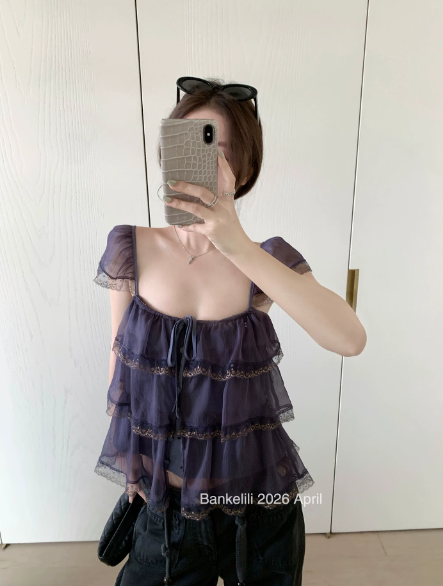 밤나무 코코아 bankelili 팬 바다 리건 프릴 레이스 계층의 감각 작은 날다 소매 광장 칼라 슬립 여성