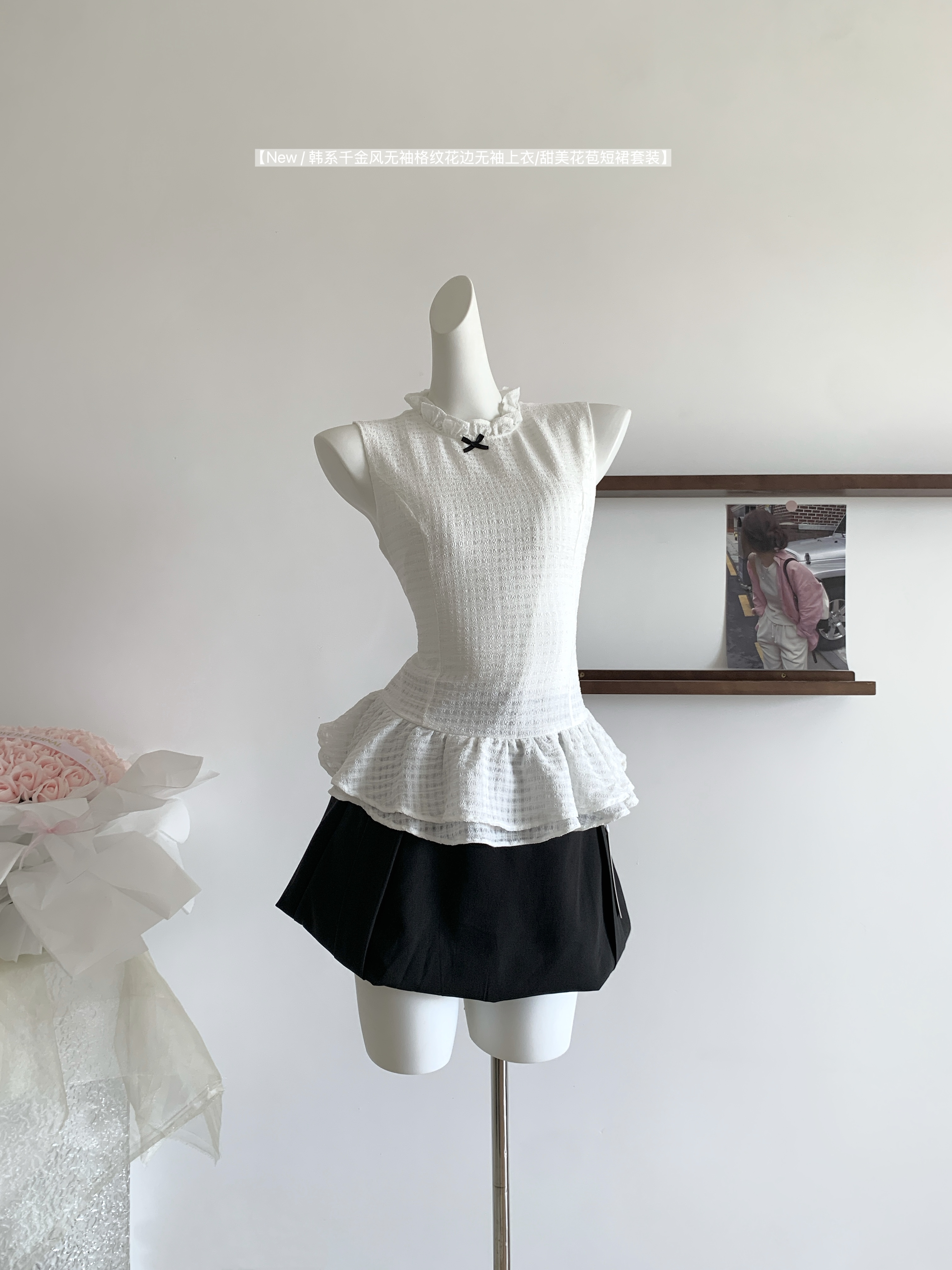 qdqd 한 부서 천 금빛 바람 품격 민소매 체크무늬 맨위 여름 허리 수축 슬림해 보이는 레이스 민소매 디자인 센스 티셔츠