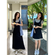 批发火火火【垦丁夏日】80%莱赛尔韩版短袖<b class='q'>连衣裙</b>女<b class='q'>假两件</b>百搭t恤长裙