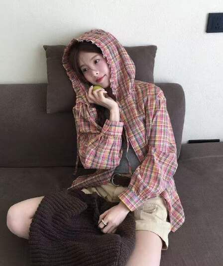 cckok 무지개 체크무늬 후드 셔츠 2026 여름 새로운 얇은 스타일 루즈핏 캐주얼 체크무늬 셔츠 여성 코트
