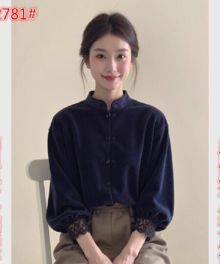 새로운 중식 여성 의류 해군 스탠드 칼라 레이스 측면 벨벳 맨위 26 가을 루즈핏 슬림해 보이는 품격 국풍 작은 셔츠