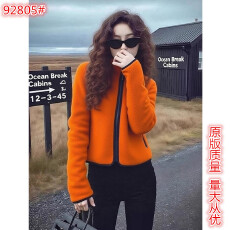 批发活力吸睛橘色摇粒绒外套短款长袖拉链2025冬季女上衣时尚休闲保暖
