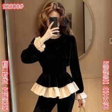 批发新中式<b class='q'>女装</b>黑色荷叶边拼接丝绒上衣设计感小众巨好看国风掐腰小衫