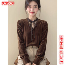 批发新中式<b class='q'>女装</b>咖色蕾丝拼接立领丝绒旗袍上衣25冬超好看国风内搭小衫